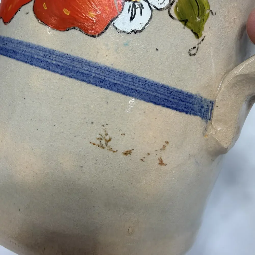 Vtg Stoneware Crock Pottery Pitcher Cobalt Blue Stripe Handpainted Strawberries